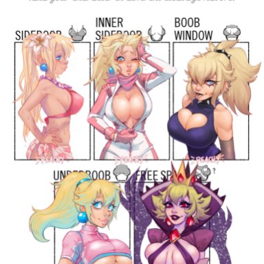 big breasts, breasts, cleavage, female, female only, goth, large breasts, mario (series), mario kart, mario strikers, paper mario, peachy, princess peach, shadow queen, shirt cut meme