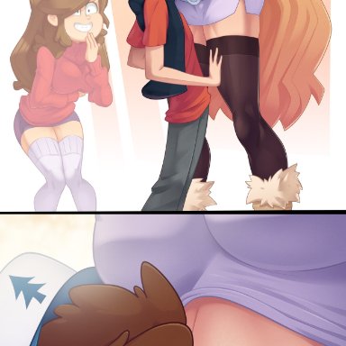 1boy, 2girls, abs, blonde hair, breasts, brown hair, cleavage, clothed, clothing, color, comic, dipper pines, disney, earrings, english text