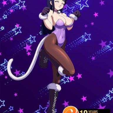 background, big breasts, blue hair, cat ears, cat tail, catsuit, female, hyuuga hinata, long hair, looking at viewer, naruto, naruto (series), naruto shippuden, pinup, reit