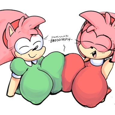 2girls, amy rose, big breasts, classic amy rose, elchilenito, eyelashes, female, female only, green shirt, pink fur, pink hair, pink skin, red headband, red shirt, sonic (series)