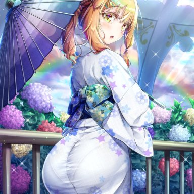 1boy, 2021, :o, artist name, ass, big ass, blonde hair, blue kimono, bow, clothing, crossdressing, eyebrows visible through hair, femboy, flora fauna, flower