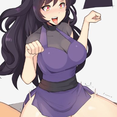 1boy, 1girls, ahe gao, black hair, blake belladonna, bow, cat pose, catgirl, clothed sex, cum, cum in pussy, cum inside, dress, heart-shaped pupils, heart eyes