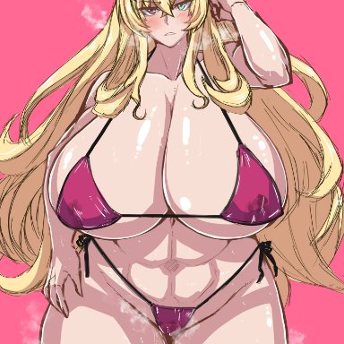 big breasts, bikini, breasts, fairy knight gawain (fate), fate/grand order, fate (series), huge breasts, large breasts, muscular female, thick thighs, thighhighs, thighs, tomoki (dais729sof), very long hair, yellow hair