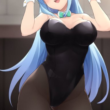 aqua (konosuba), big breasts, black hair, black high heels, black pantyhose, blue eyes, blush, bunny costume, bunny ears, bunny girl, bunnysuit, kono subarashii sekai ni shukufuku wo!, leggings, legwear, long hair