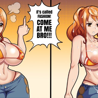 1girls, absurdres, areolae, breasts, cum, cum drip, cum on breasts, cum on face, cum on hair, female, highres, huge breasts, humor, middle finger, nami