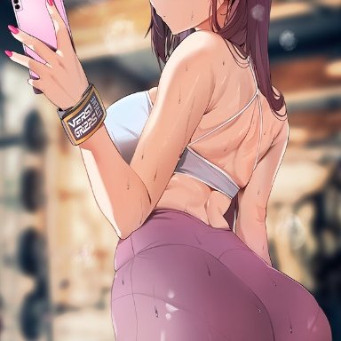 1girls, ass, bangs, big ass, breasts, butt, cellphone, closed mouth, commentary request, damda, eyebrows visible through hair, fate/grand order, fate (series), female, female only