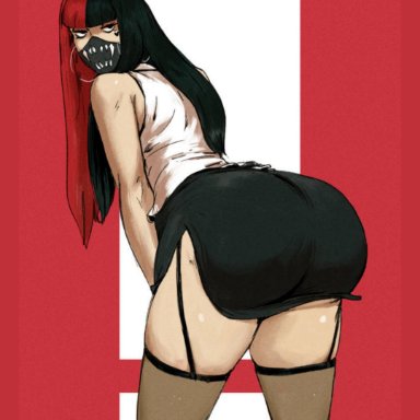 big ass, face mask, femboy, femboymaycry, huge ass, office lady, pencil skirt, redblacktac, split color hair