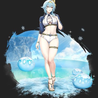 1girls, beach, big breasts, blue hair, blue sky, clouds, ears, eula (genshin impact), eyes, feet, female, female only, fingernails, fingers, genshin impact