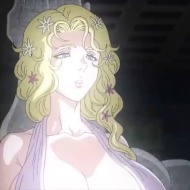 animated, aphrodite (shuumatsu no valkyrie), big breasts, blonde hair, breasts in face, female, flowers in hair, huge breasts, shuumatsu no valkyrie, sound, surprised, video, wind, wind lift