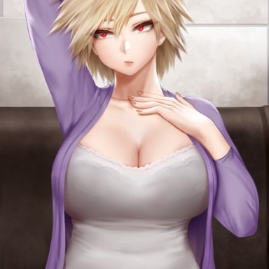 1girls, arm behind head, artist name, big breasts, blonde hair, breasts, cleavage, couch, easonx, female, female only, hand on own chest, highres, huge breasts, indoors