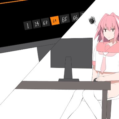 1boy, 2021, absurd res, astolfo (fate), bare arms, bow, chair, computer, computer mouse, crossdressing, desk, fate/grand order, fate (series), femboy, hair ribbon