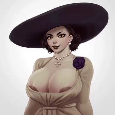 1girls, alcina dimitrescu, animated, areola slip, areolae, big breasts, bouncing breasts, breast shake, breasts, capcom, cleavage, female, female only, hat, huge breasts