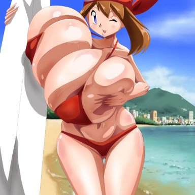 1girls, absurd res, artist name, bandana, beach, big breasts, bikini, blue eyes, blush, breasts, brown hair, collarbone, eyebrows visible through hair, female, female only