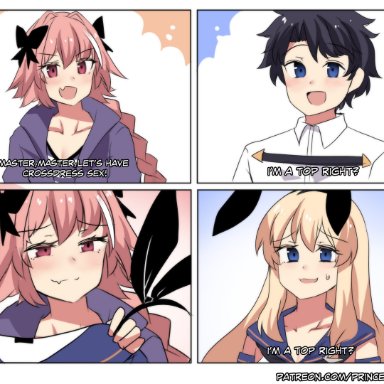 2boys, :d, absurdres, astolfo (fate), black bow, black hair, blonde hair, blue hair, blush, bow, braid, comic, cosplay, crossdressing, english text