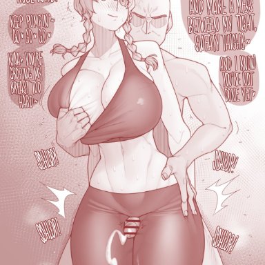 1boy, 1girls, amane suzuha, bald man, bike shorts, braided hair, breast grab from behind, breast pull, censored, cum, ejaculation, ekz (drawfag), english text, large breasts, male/female