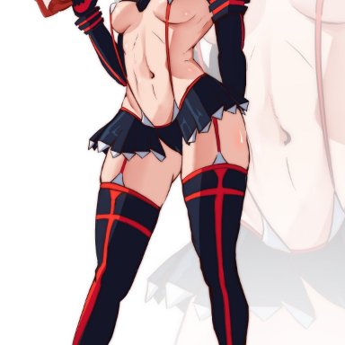 abs, black hair, blue eyes, breasts, grin, high heel boots, high heels, kill la kill, matoi ryuuko, mon eree, senketsu, short hair, short shorts, skindentation, tagme