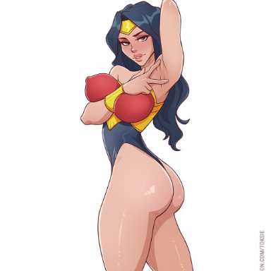 1girls, armpits, ass, big ass, black hair, boobs and butt pose, dc, diana prince, erect nipples, female, female only, hands behind head, large breasts, leotard, long hair