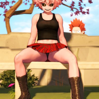 1boy, 1girls, 3d, boots, eijirou kirishima, kirimina, legs spread, mina ashido, my hero academia, outside, panties, pink hair, pixeladdict, red hair, shounen jump