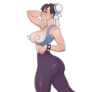 1girls, ass, big ass, breasts out, brown hair, buns, censored, chun-li, clothed, crop top, double bun, earrings, female, female only, hair buns