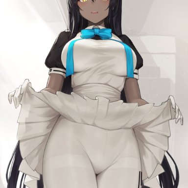 1girls, 2021, ahoge, apron, bare arms, black clothing, black hair, blue archive, blush, bow, bowtie, breasts, clothed, clothing, dark-skinned female