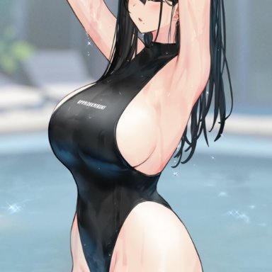 1girls, 2021, armpits, arms behind head, arms up, bare arms, bare shoulders, black hair, black swimsuit, blurry, blurry background, breasts, closed eyes, female, female only
