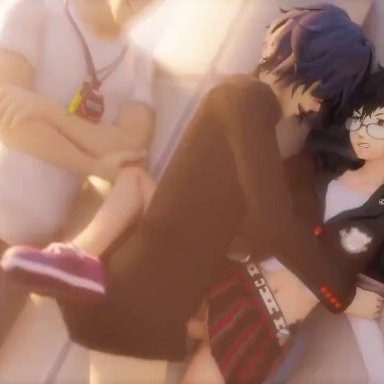 3d, akira kurusu, amateurthrowaway, animated, black hair, blue hair, clothed, clothed sex, glasses, holding arm, persona, persona 5, public, rule 63, skirt