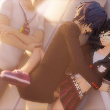 1girls, 2boys, 3d, amateurthrowaway, arms crossed, black hair, clothed sex, exhibition, exhibitionism, exhibitionist, genderswap, glasses, joker (persona), leg lift, outdoors