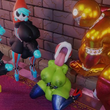 3d, animated, anthro, blender, chain chomp, futanari, gold (metal), group masturbation, heels, huge ass, huge balls, huge breasts, huge cock, jerkingoff, mario (series)