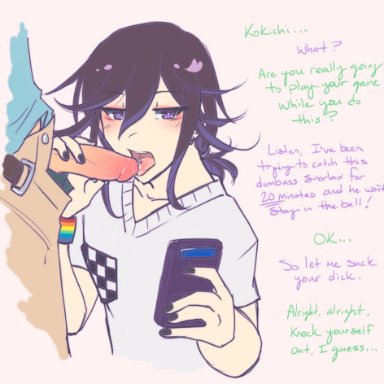 blowjob, danganronpa, danganronpa v3, distracted, fellatio, femboy, gay, kokichi ouma, ouma kokichi, painted nails, piercing, purple eyes, purple hair, rainbow flag, tongue