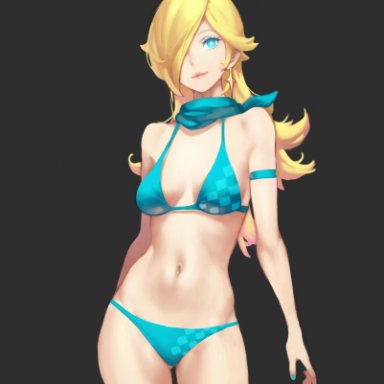 armband, bikini, black background, blonde hair, blue bikini, blue eyes, blue nails, crown, earrings, fasces, hair over one eye, looking at viewer, mario (series), mario kart, nail polish