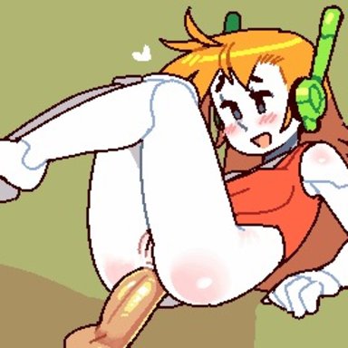 1boy, 1girls, anal, anal sex, animated, animated, balls, barefoot, blonde hair, blush, bottomless, bottomless female, cave story, curly brace, feet