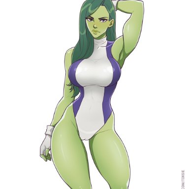 1girls, cameltoe, female, female only, fingerless gloves, green eyes, green hair, green skin, hand behind head, hourglass figure, large breasts, leotard, long hair, looking at viewer, marvel
