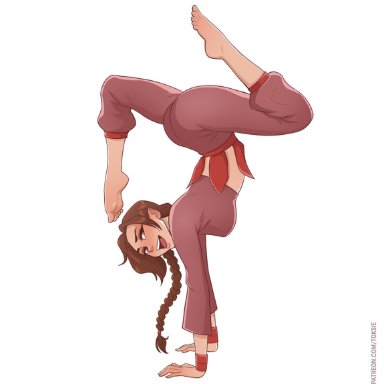 1girls, acrobatic, arched back, ass, athletic female, avatar the last airbender, barefoot, braided ponytail, brown eyes, brown hair, capri pants, crop top, cute, eyeshadow, feet