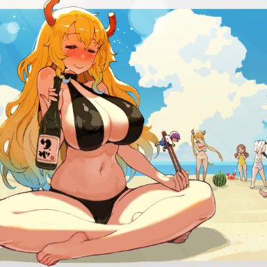 1boy, 5girls, absurd res, alcohol, artist request, beach, big breasts, blonde hair, blue highlights, blush, bottle, closed eyes, crossed legs, detailed background, dragon