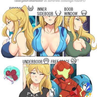 1girls, big breasts, big breasts, blonde hair, karbuitt, long hair, metroid, samus aran, shirt cut meme