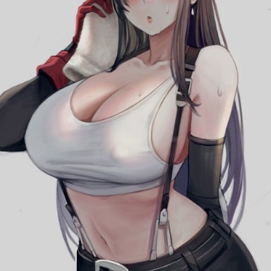absurdres, bangs, belt, belt buckle, black hair, blush, breasts, buckle, carcass (artist), chinese text, cleavage, collarbone, covered erect nipples, crop top, curious