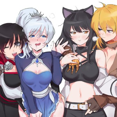 blake belladonna, blush, breast grab, dress tug, drooling, groping, implied fingering, looking at another, looking pleasured, negresco, ruby rose, rwby, sweating, team rwby, touching ass