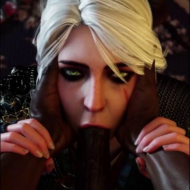 3d, animated, ciri, dark-skinned male, fellatio, green eyes, looking at viewer, no sound, scar, tagme, the witcher, tomoganim, video, white hair