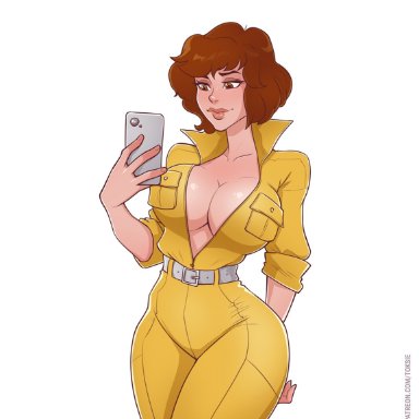 1girls, april o'neil, april o'neil (tmnt 1987), big breasts, breasts, brown eyes, brown hair, cellphone, cleavage, female, female only, huge breasts, jumpsuit, large breasts, plain background