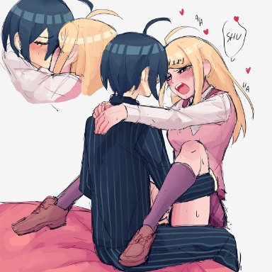 ///, 1boy, 1female, 1girls, 1male, ahoge, akamatsu kaede, artist request, black clothing, blonde hair, blue hair, blush, closed eyes, clothing, color