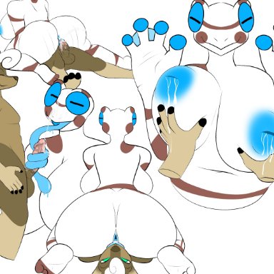 69, 69 position, anthro, anthro on anthro, anus, ass, balls, blowjob, blue body, breast grab, breast milk, breasts, brown body, brown fur, cowgirl position