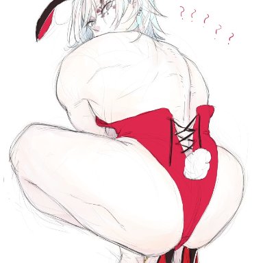 ?, ass, big ass, bunny ears, bunnysuit, crossdressing, crouching, demon slayer, headband, high heels, kimetsu no yaiba, looking at viewer, looking back, male only, silver hair