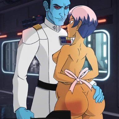 1boy, 1girls, ass, big ass, breasts, brown eyes, clothed, clothing, colored hair, grand admiral thrawn, hi res, interspecies, kingvego, medium breasts, nipples