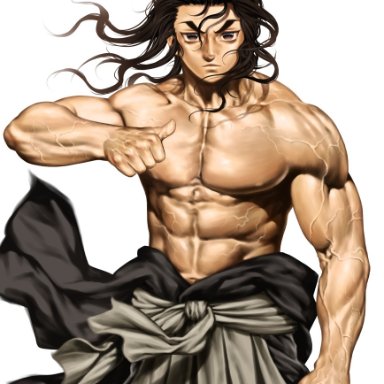 black hair, demon slayer, haganezuka hotaru, kimetsu no yaiba, long hair, looking at viewer, male only, muscular male, shirtless, solo, veins, veiny arms