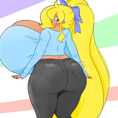 ass, cassie (theycallhimcake), dullahan, huge ass, huge breasts, jeans, leggings, long hair, pants, presenting ass, purple eyes, riley moore (artist), sweater, tan skin, tight clothing