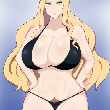 1girls, abs, angry, annoyed, black bra, black panties, blonde hair, blonde pubic hair, blue eyes, breasts, cleavage, eyebrows, fur hat, hands on hips, huzeu1