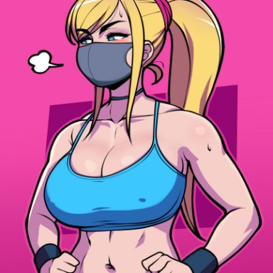 1girls, blonde hair, blue eyes, breasts, choker, cleavage, face mask, female, female only, fit, fit female, gym clothes, jam-orbital, large breasts, metroid