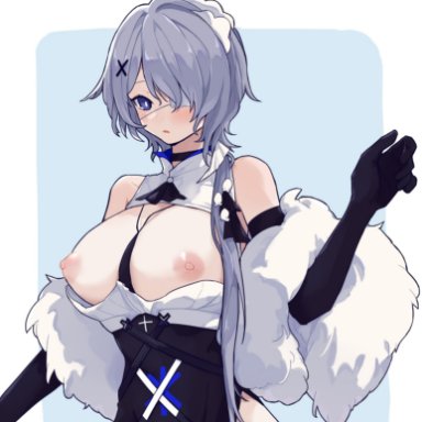 arknights, bare shoulders, black choker, black dress, black gloves, blue eyes, blush, border, breasts, choker, cleavage cutout, clothing cutout, coldcat., commentary request, dress