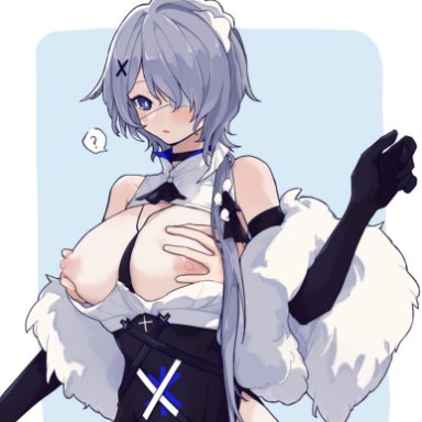 1other, ?, arknights, bare shoulders, black choker, black dress, black gloves, blue eyes, blush, border, breast grab, breasts, choker, cleavage cutout, clothing cutout