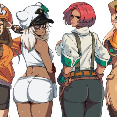 ass, blush, clothed, giovanna (guilty gear), guilty gear, guilty gear strive, may (guilty gear), millia rage, ramlethal valentine, tight clothing, tinafate1